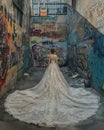 A breathtaking image of a radiant bride in an elegant wedding gown standing amidst an urban, graffiti-covered alleyway. Royalty Free Stock Photo