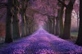 A breathtaking image showcasing a serene road lined with majestic trees covered in vibrant purple flowers, A mesmerizing tree