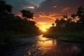 A breathtaking image showcasing a vibrant sunset casting warm hues over the Amazon rainforest, creating a serene and picturesque