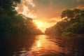 A breathtaking image showcasing a vibrant sunset casting warm hues over the Amazon rainforest, creating a serene and picturesque