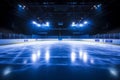 Breathtaking image of a spotlit professional hockey rink gleaming in the darkness of an empty arena