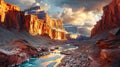 The sun sets over a beautiful canyon landscape, casting a golden glow on the cliffs and buttes