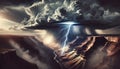 Dramatic Thunderstorm Over Deep Canyon: Lightning Illuminates Rugged Landscape in Photorealistic Detail Royalty Free Stock Photo