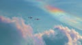 Two Airplanes Flying Over Clouds with Iridescent Cloud Phenomenon Royalty Free Stock Photo