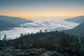 Breathtaking landscape of Donner Lake with fog over it. Royalty Free Stock Photo