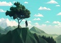 Illustrated Mountain Scenery: Breathtaking Views, Silhouetted Hiker, and Blue Sky