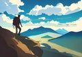 Illustration of a Silhouetted Hiker in a Mountain Scenery with a Blue Sky