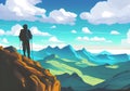 Illustration of breathtaking mountain scenery with a silhouetted hiker and a blue sky with white clouds