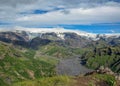 Breathtaking landscape of Myrdalsjokull glacier, trekking trail in Thorsmork, southern Iceland