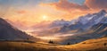 This is a breathtaking landscape painting capturing a serene sunrise over a majestic mountain range. AI generated