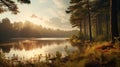 Golden Hour Wilderness Landscape: Lake In The Forest With Beautiful Horizon