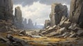 Eerily Realistic Fantasy Landscape With Sharp Boulders And Overcast Sky