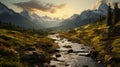 Golden Hour Wilderness Landscape: A Photorealistic Image Of A Mountain Stream