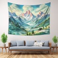 Breathtaking landscape of vibrant mountains and rolling valleys in watercolor art style