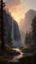 Yosemite Landscape With Waterfall, Lake, And Trees In Hyperdetailed Style