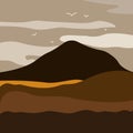 Vector illustration of mountain landscape with forest and flying birds under cloudy sky with dawn Royalty Free Stock Photo