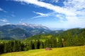 Breathtaking lansdcape of mountains, forests and small Bavarian villages in the distance. Scenic view of Bavarian Alps with majest