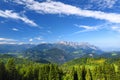 Breathtaking lansdcape of mountains, forests and small Bavarian villages in the distance. Scenic view of Bavarian Alps with majest