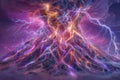 A breathtaking lightning bolt illuminates the sky as it strikes a volcano in the midst of an eruption against a backdrop Royalty Free Stock Photo