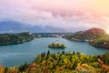 Breathtaking long exposure aerial panoramic view of Lake Bled, Slovenia, Europe (Osojnica) Royalty Free Stock Photo