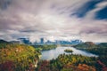 Breathtaking long exposure aerial panoramic view of Lake Bled, Slovenia, Europe(Osojnica) Royalty Free Stock Photo