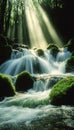 Breathtaking Majestic Waterfall Surrounded by Lush Greenery and Sunlight Filtering Through Trees Royalty Free Stock Photo