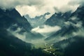 Breathtaking Mountain foggy view. Generate Ai