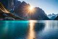 A breathtaking mountain lake, its intense blue color set against the backdrop of towering granite cliffs and a clear, sunny sky