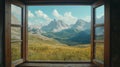 Breathtaking mountain landscape framed beautifully by a window, creating a mesmerizing view