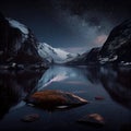 Breathtaking mountain landscape at night. River and starry sky. Generative Ai. Royalty Free Stock Photo