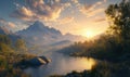Breathtaking mountain landscape at sunset with serene lake, lush greenery, and dramatic clouds Royalty Free Stock Photo