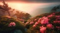 Breathtaking nature scenery during sunset. Incredible foggy morning in mountains with amazing rhododendron flowers. Generative ai