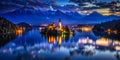 Bled, slovenia night panorama of lake, island, church, alps. AI generated Illustration