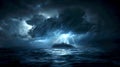 Dramatic Thunderstorm over Dark Ocean Waters, Lightning Strikes illuminating Moody Sky. Intense Nature Scene, Captured Royalty Free Stock Photo