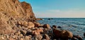 Breathtaking ocean view. Summer vibe or Virgin nature. Blue cloudless sky. Rocky coastline. Sharp cliff. Small sea waves Royalty Free Stock Photo