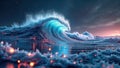 Breathtaking ocean wave at sunset with magical light particles in a dreamlike seascape Royalty Free Stock Photo