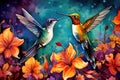 A breathtaking painted scene of two hummingbirds gracefully soaring above a vibrant field of blooming flowers, A trio of