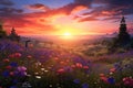 A breathtaking painting capturing the beauty of a colorful sunset over a field of vibrant flowers, A sunset over a peaceful meadow