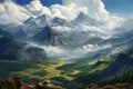 A breathtaking painting capturing the beauty of a grand mountain range with billowing clouds in the sky., Panoramic view of the