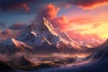 A breathtaking painting capturing the beauty of a mountain range with a stunning sunset backdrop, A surreal snow-capped mountain