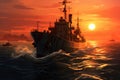 A breathtaking painting capturing the beauty of a ship sailing through the calm ocean as the sun sets, Sunset over a navy ship on