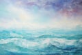 A breathtaking painting capturing the beauty of a vast body of water as the sun sets, A textured blend of colors creating an