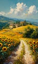 A painting of a sunflower field with a dirt road under a cloudy sky Royalty Free Stock Photo