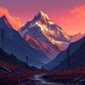 Breathtaking painting capturing serene beauty of majestic mountain bathed in warm hues of sunset. For decorative element