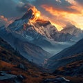 Breathtaking painting capturing serene beauty of majestic mountain bathed in warm hues of sunset. For decorative element