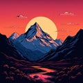 Breathtaking painting capturing serene beauty of majestic mountain bathed in warm hues of sunset. For home decor, nature