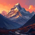 Breathtaking painting capturing serene beauty of majestic mountain bathed in warm hues of sunset. For home decor, nature