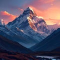 Breathtaking painting capturing serene beauty of majestic mountain bathed in warm hues of sunset. For home decor, nature