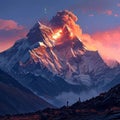 Breathtaking painting capturing serene beauty of majestic mountain bathed in warm hues of sunset. For home decor, nature