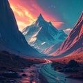 Breathtaking painting capturing serene beauty of majestic mountain bathed in warm hues of sunset. For home decor, nature